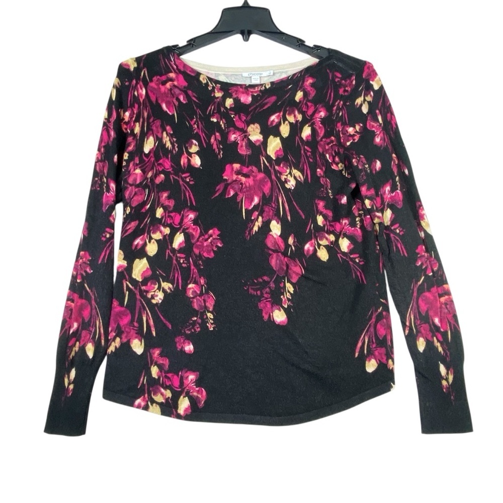 Chico's Fall Leaf Sweater Women's 1 (M/8) Floral Long Sleeve Boat Neck Pullover